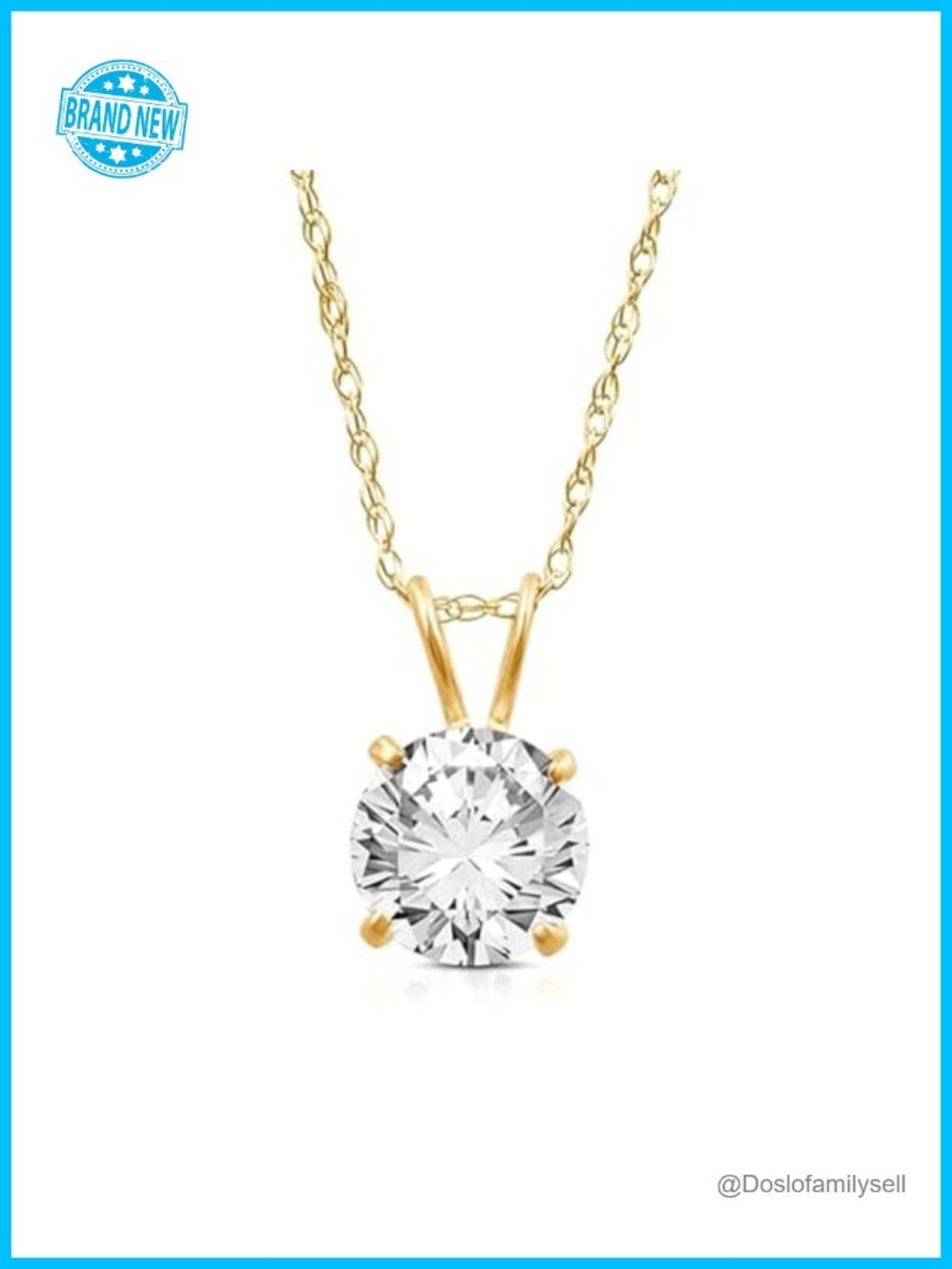 10K Yellow Gold CZ Solitaire Pendant Necklace 18" Rope Chain